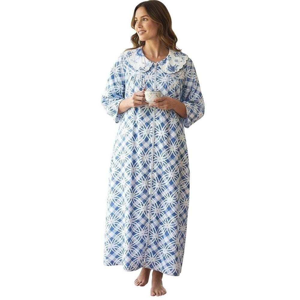 Vintage 1950s Chenille Robe Blue Starburst Housecoat Mid Century Zip Front Women